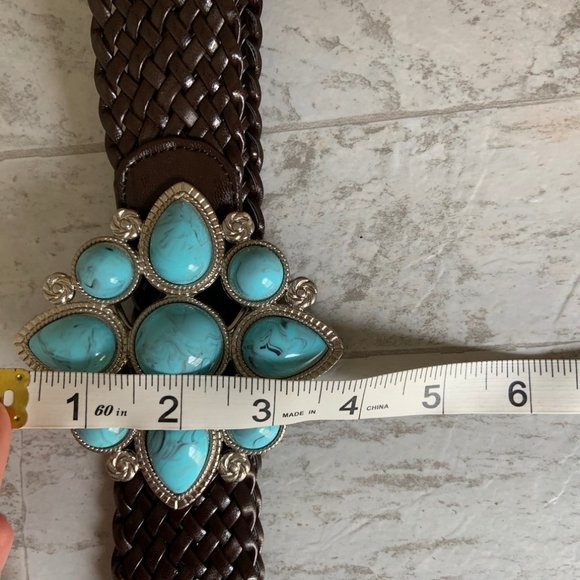 Brown Woven Belt with Turquoise Stone Accent - Picture 4 of 9